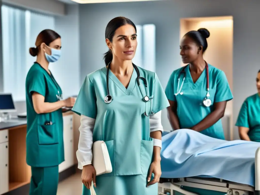 Un equipo diverso de profesionales de la salud en Uruguay colabora con pacientes de distintos orígenes, en un centro médico moderno y avanzado