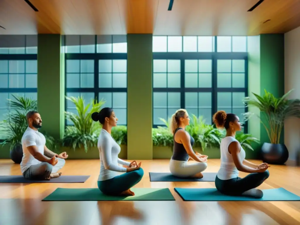 Equipo diverso participando en sesión de yoga en oficina moderna