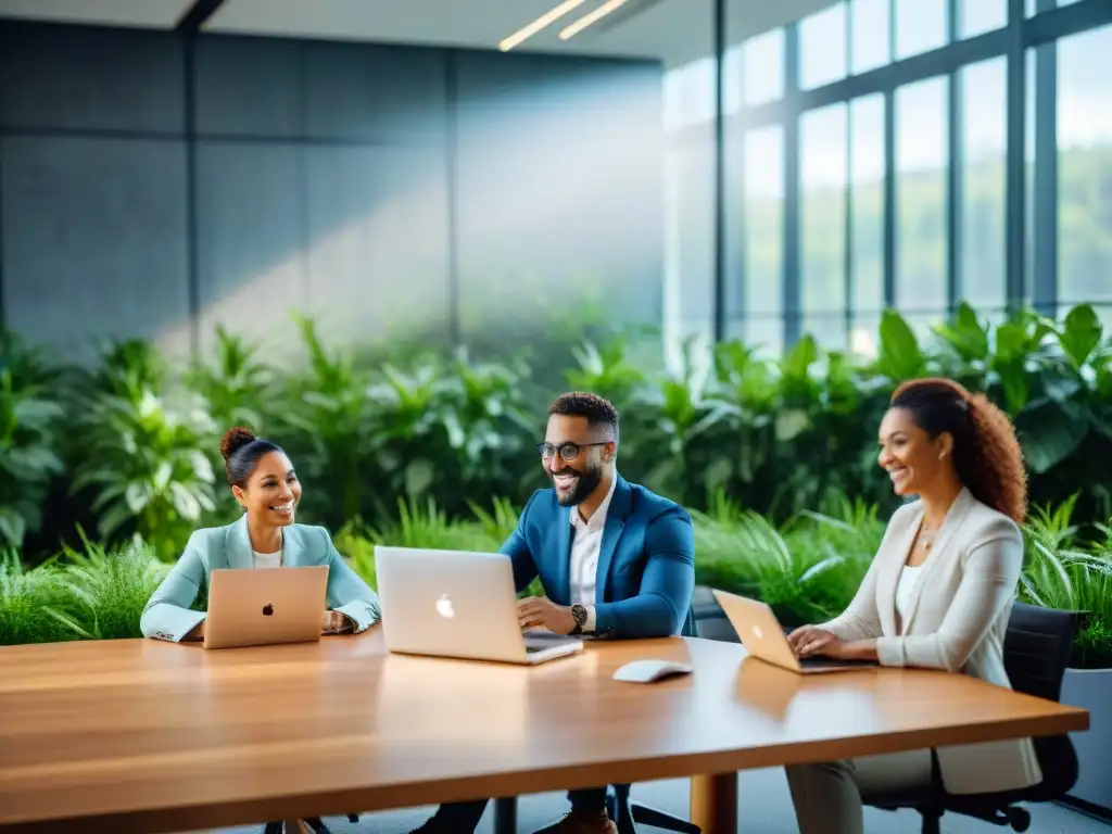 Equipo sonriente colabora en moderna oficina con plantas y luz natural