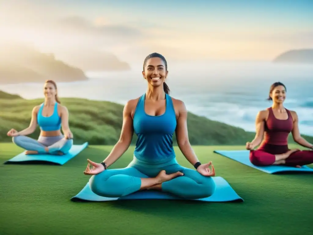 Equipo sonriente en sesión de yoga en Uruguay