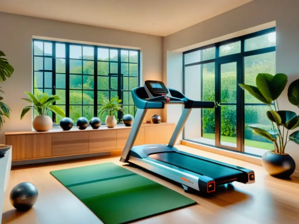 Equipos de gimnasio en casa Uruguay: Moderno gimnasio en hogar con equipamiento de alta gama, motivadoras imágenes y plantas verdes