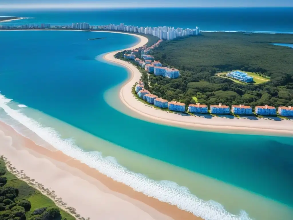 Escape de bienestar en Uruguay: vista aérea impresionante de las playas de Punta del Este con aguas turquesa y arena dorada