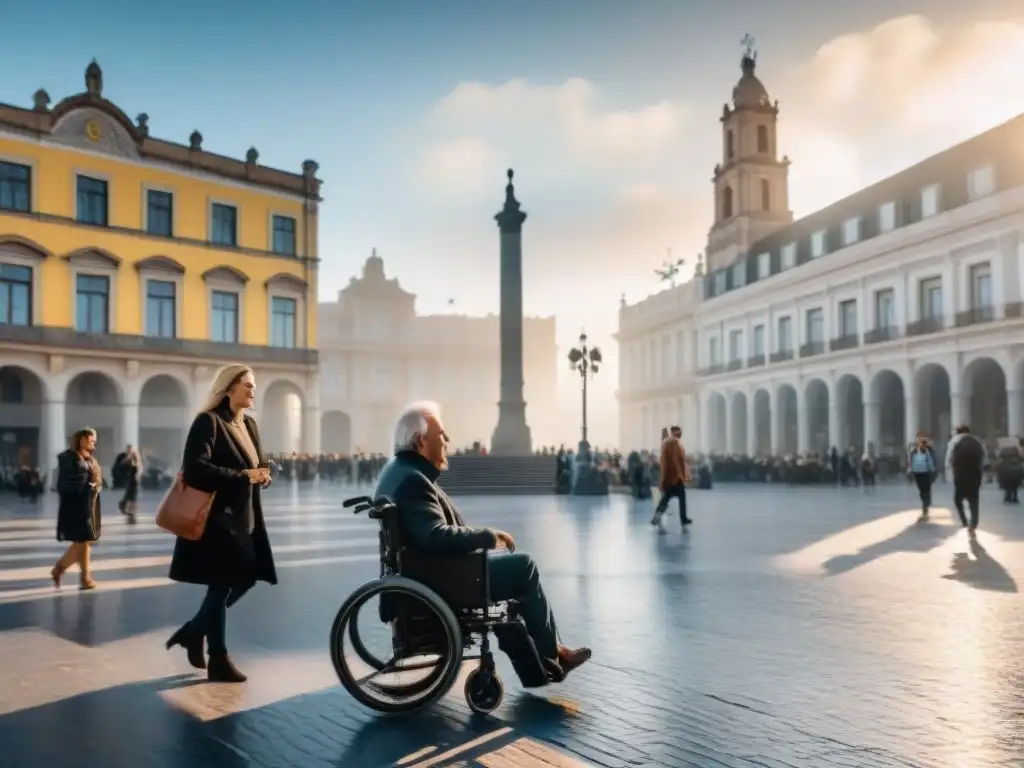 Escena de inclusión y accesibilidad en Uruguay con rampas y señalética clara