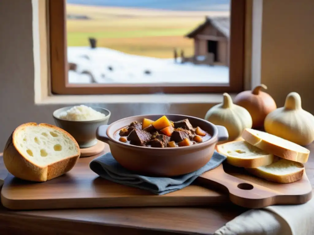 Escena acogedora de cocina con estofado y pan casero en invierno