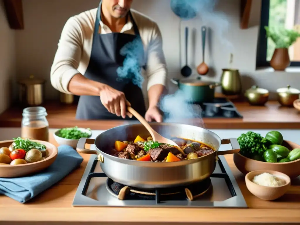 Una escena acogedora de cocina con una olla humeante de carbonada uruguaya en el fogón