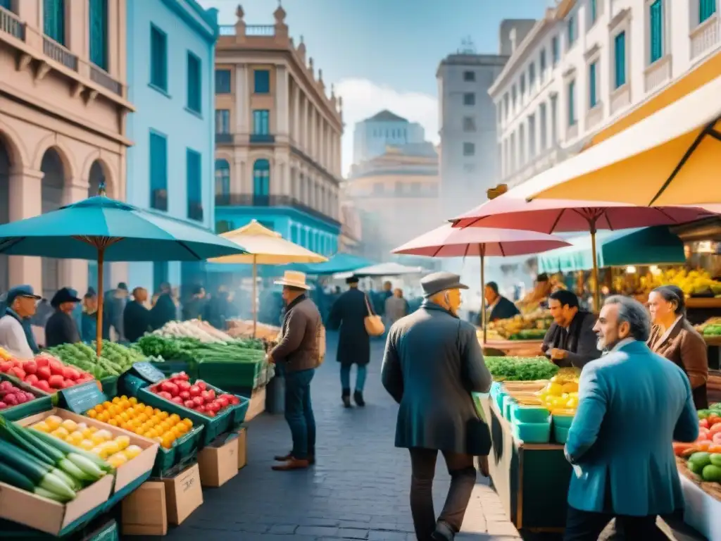 Escena animada en mercado de Montevideo, Uruguay, con locales disfrutando de mate bajo sombrillas coloridas