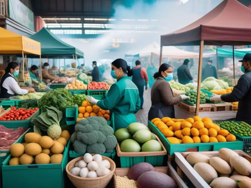 Escena animada en un mercado uruguayo con vendedores y clientes practicando prevención enfermedades transmitidas alimentos Uruguay