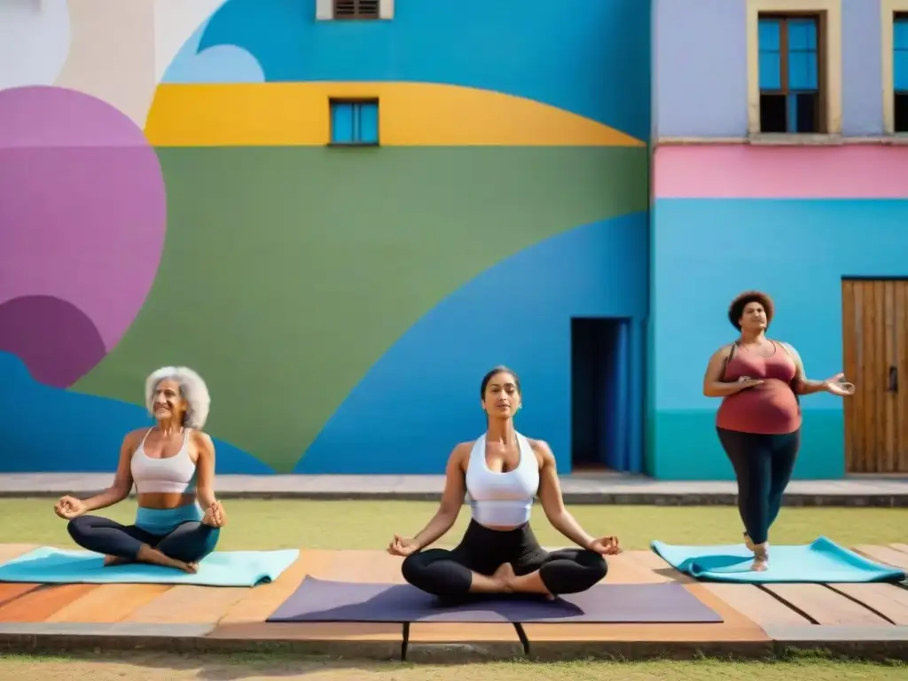 Una escena animada y moderna de diversidad y bienestar integral en Uruguay: yoga, picnic, juegos y baile comunitario