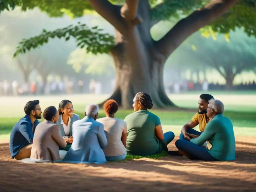 Una escena armoniosa de comunicación asertiva en Uruguay: diversidad de personas hablan y escuchan bajo un árbol en un parque verde y frondoso