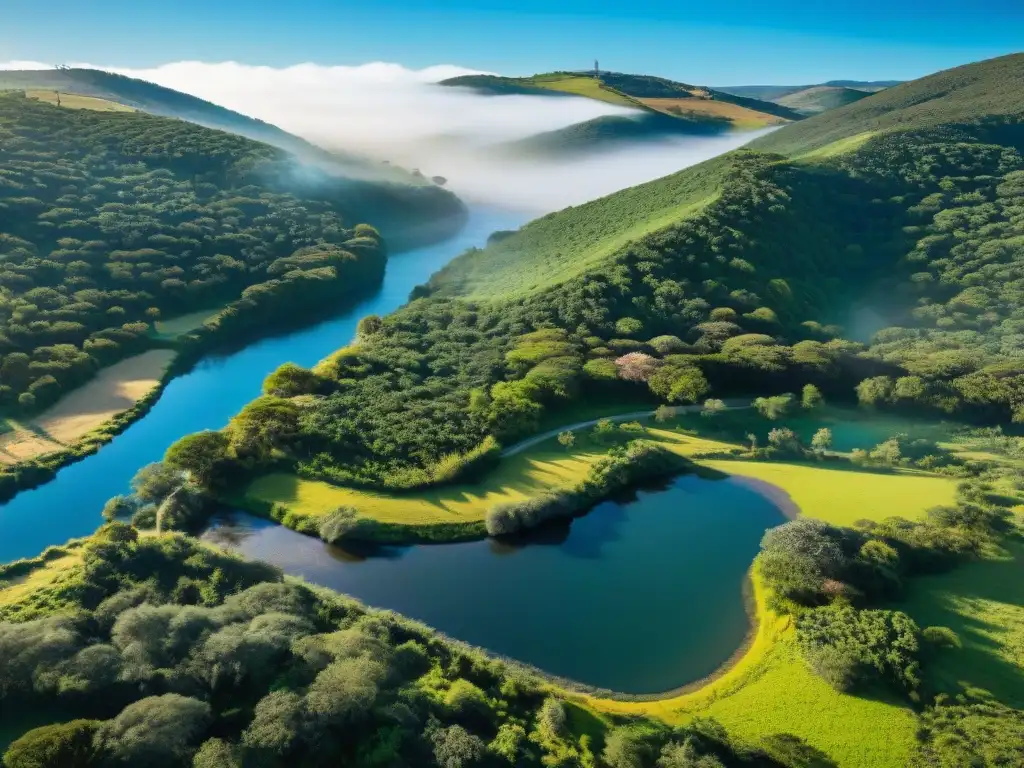 Una escena armoniosa en Uruguay: exuberante vegetación, colinas onduladas, animales nativos y un arroyo cristalino bajo un cielo azul