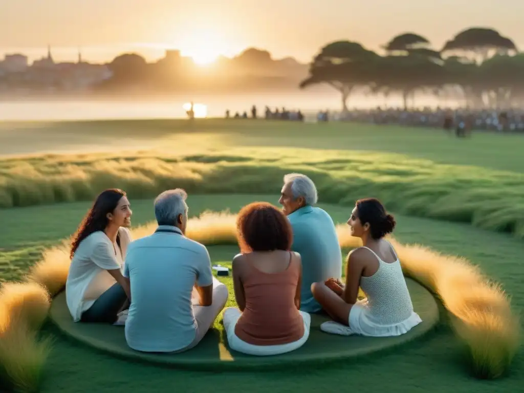 Una escena armoniosa de diversidad y empatía en la sociedad uruguaya, gente en círculo en un parque de Montevideo al atardecer