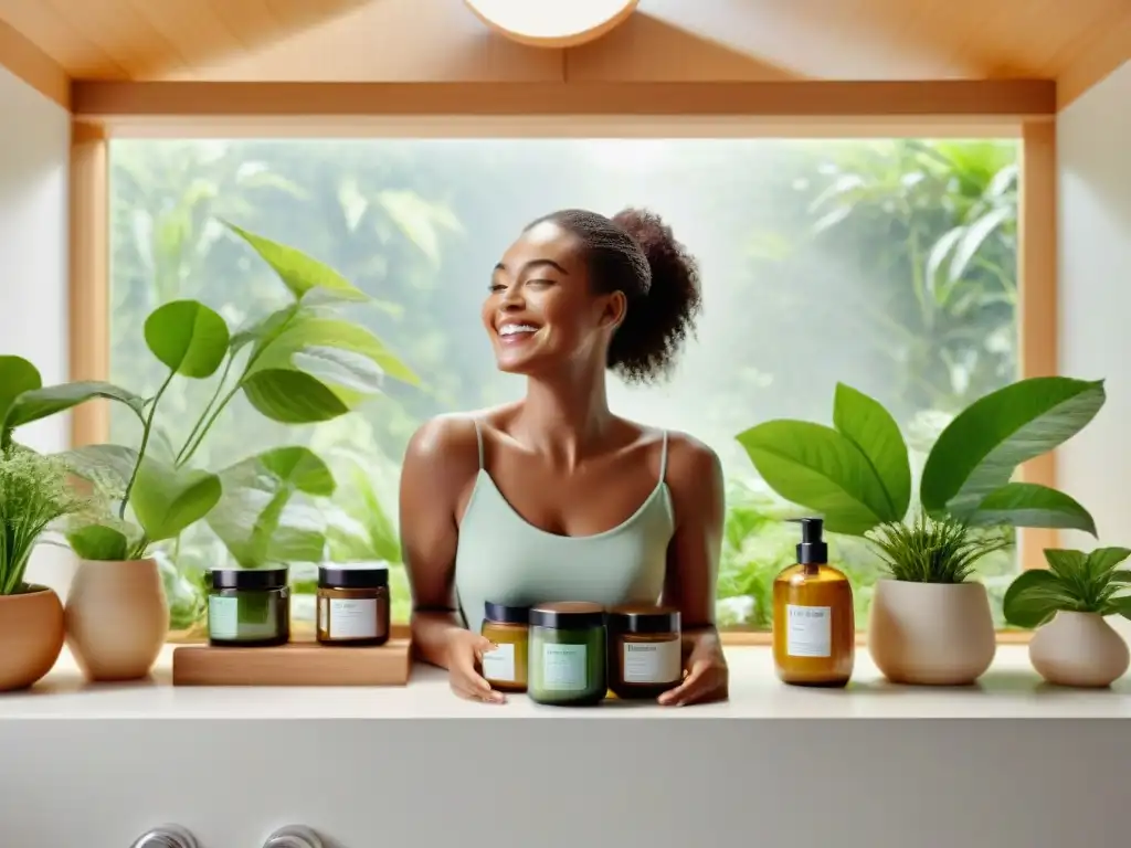 Una escena de belleza sustentable en un baño luminoso con plantas verdes, productos orgánicos y luz natural