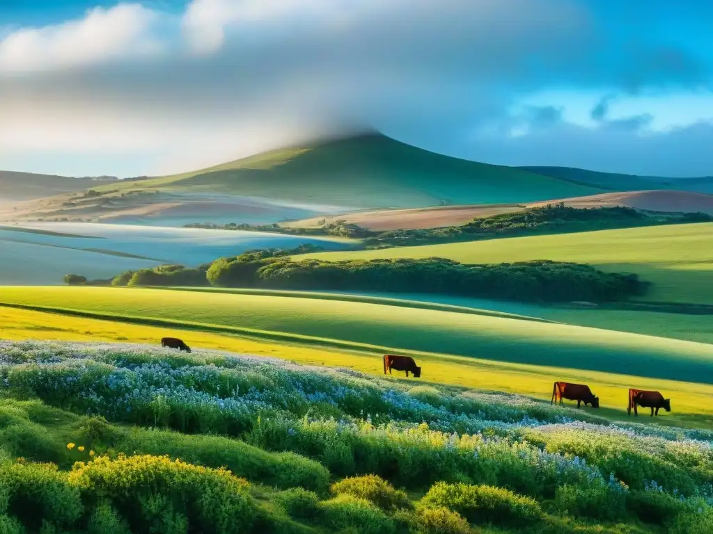 Escena campestre en Uruguay: campo verde con flores silvestres, colinas, ganado y cielo azul