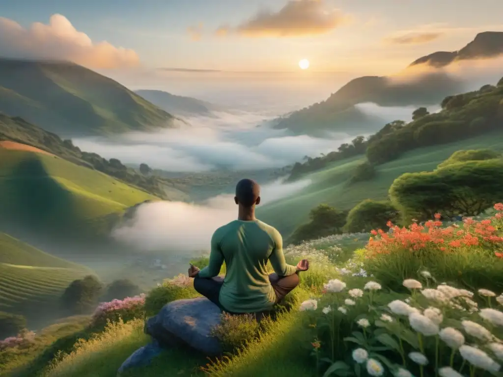 Una escena de meditación en la cima de una montaña al amanecer, rodeada de flores y naturaleza exuberante