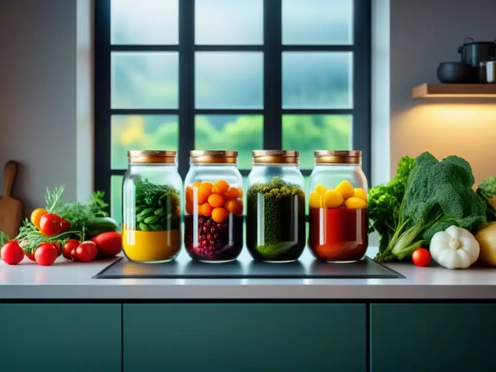 Una escena de cocina moderna y vibrante con verduras frescas y coloridas, hierbas y especias en elegantes frascos