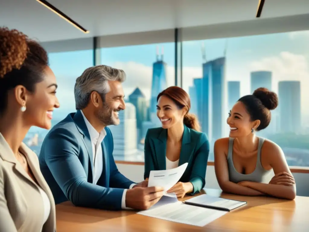 Una escena colaborativa y profesional de diversidad en una oficina moderna discutiendo opciones de seguros de salud en Uruguay