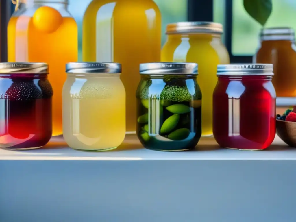 Una escena colorida y detallada de frascos de vidrio llenos de bebidas fermentadas rodeados de ingredientes frescos