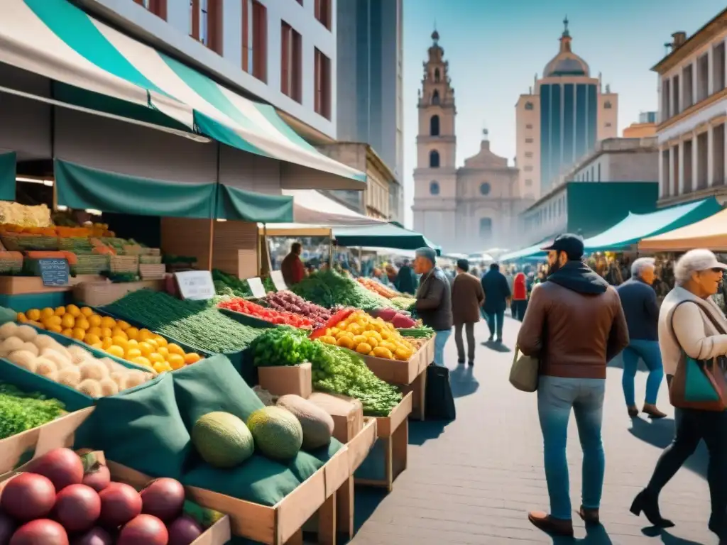 Escena colorida de un mercado en Montevideo con productos locales y consumidores diversos