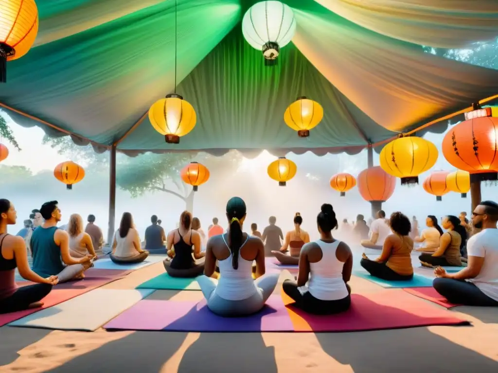 Escena colorida y serena de un festival cultural con actividades de bienestar bajo linternas vibrantes