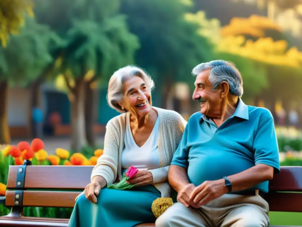 Una escena conmovedora de relaciones intergeneracionales en Uruguay: familia riendo y compartiendo mate en un parque colorido