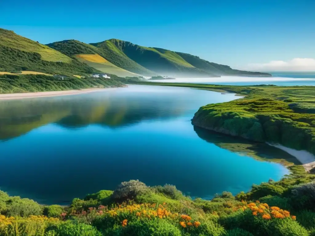 Escena costera serena en Uruguay con exuberante naturaleza y cielo azul, ideal para mascarillas naturales para piel uruguaya