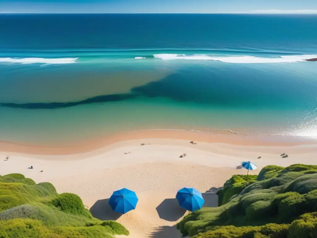 Escena costera serena en Uruguay con playa prístina, aguas cristalinas, vegetación exuberante y cielo azul