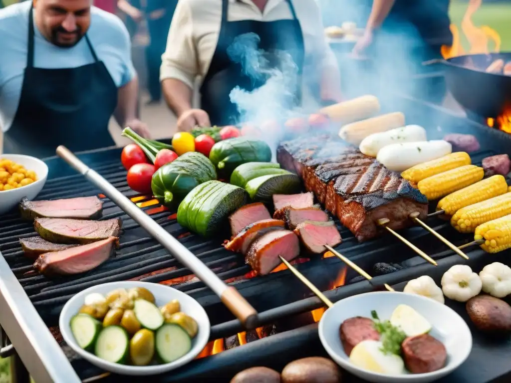 Escena detallada de un asado uruguayo tradicional, con amigos y familia disfrutando de la gastronomía local uruguaya en comunidad al aire libre