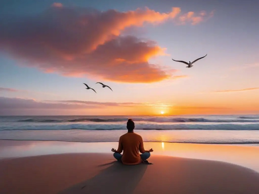 Una escena emocionante de mindfulness en playas uruguayas al atardecer, con tonos naranjas y rosados reflejados en el mar tranquilo