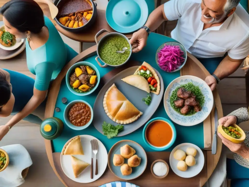 Una escena familiar uruguaya llena de alegría y tradición en torno a una mesa de comidas típicas