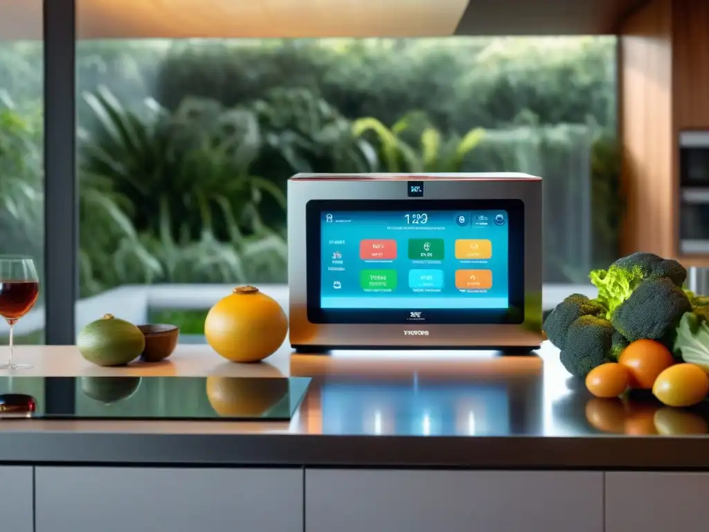 Escena futurista en cocina uruguaya: gadgets para alimentación consciente integrados en la vida cotidiana