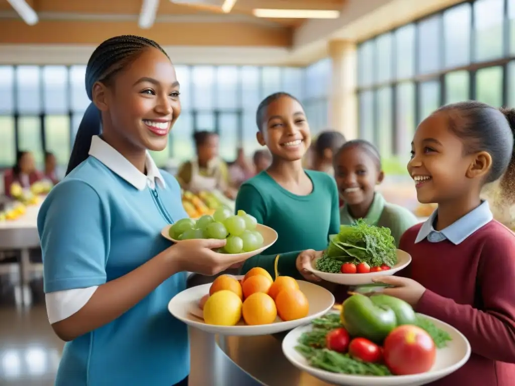 Una escena inspiradora de niños sonrientes disfrutando de alimentos saludables en una cafetería escolar