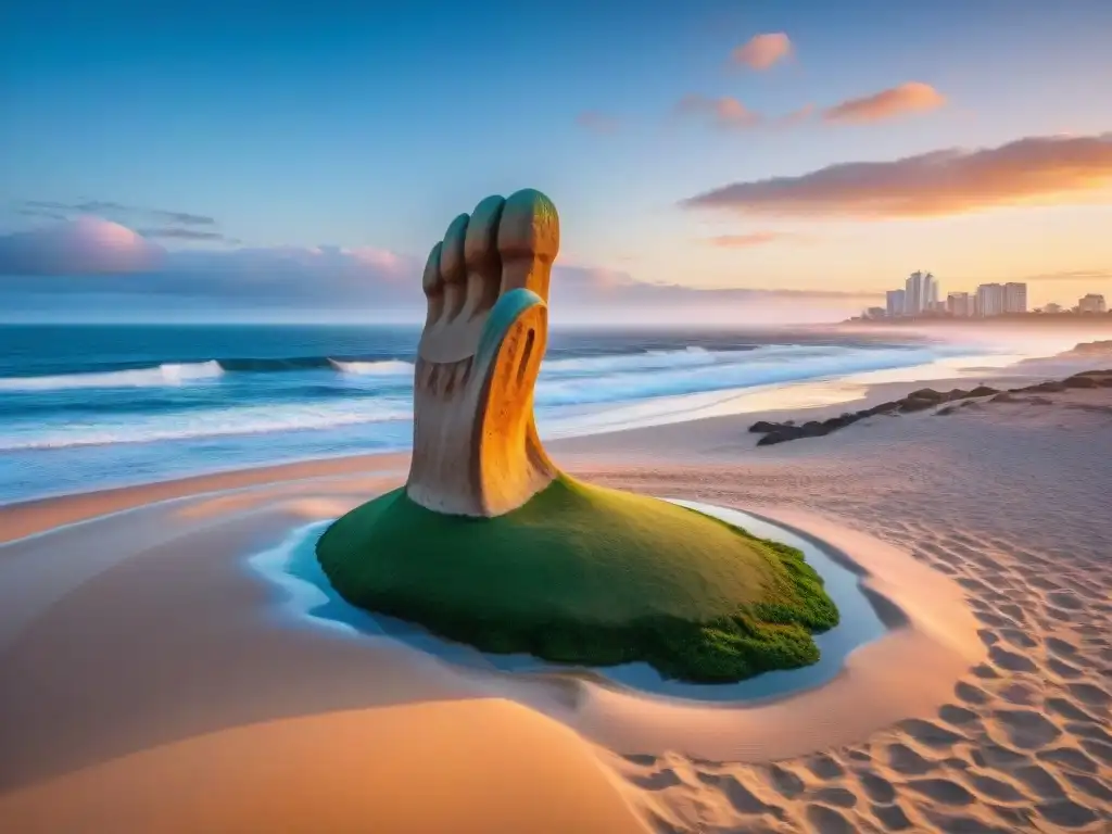 Escena inspiradora de Punta del Este al amanecer con la mano en la arena, reflejos coloridos en el mar y arquitectura moderna