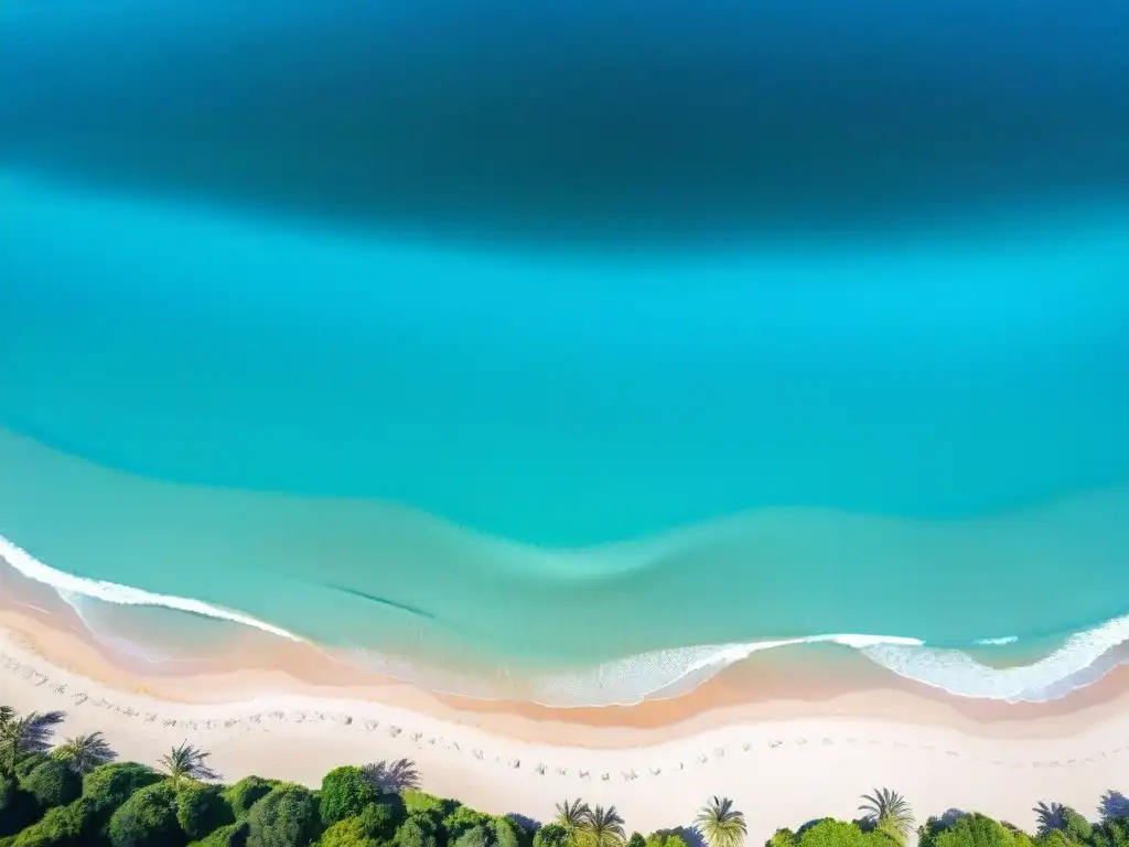 Escena paradisíaca en Uruguay con aguas turquesas y palmeras, invita al bienestar integral en destinos uruguayos