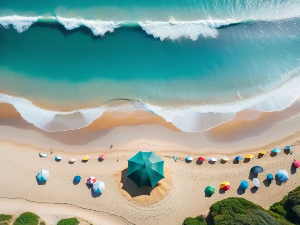 Escena de playa en Uruguay con aguas turquesas y sombrillas coloridas