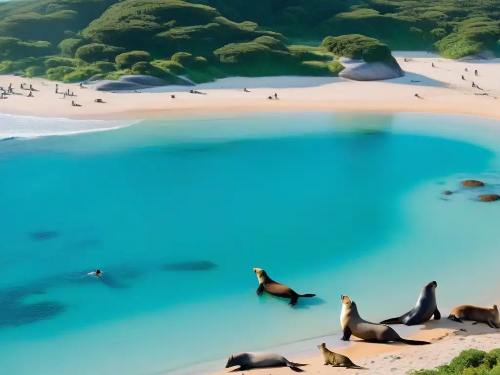 Escena de playa en Uruguay: aguas turquesas, flora exuberante y leones marinos