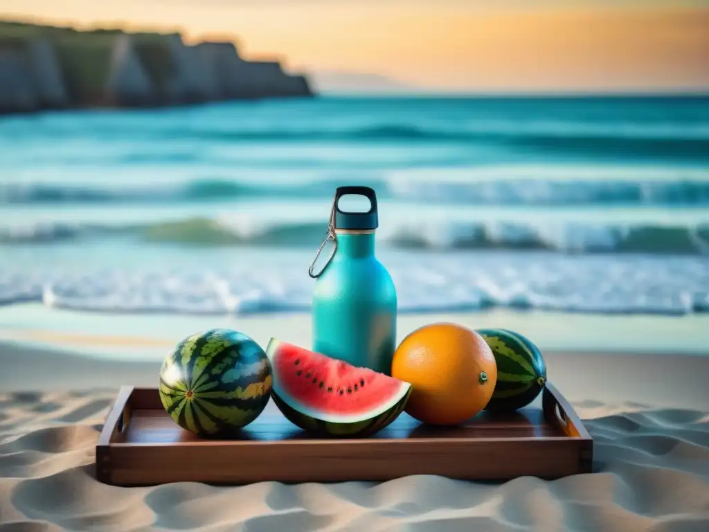 Escena refrescante en la playa de Uruguay: frutas tropicales y botella de agua junto al mar