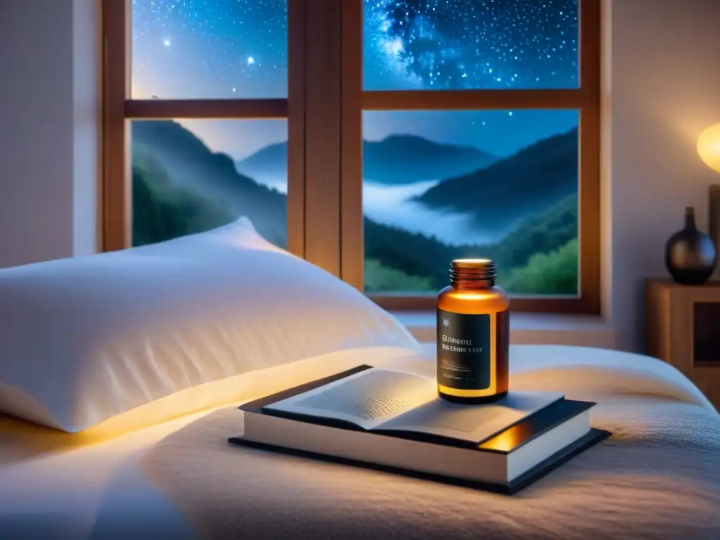 Escena relajante con beneficios del magnesio para dormir: mesa moderna con suplementos, libro, difusor de aceites y antifaz