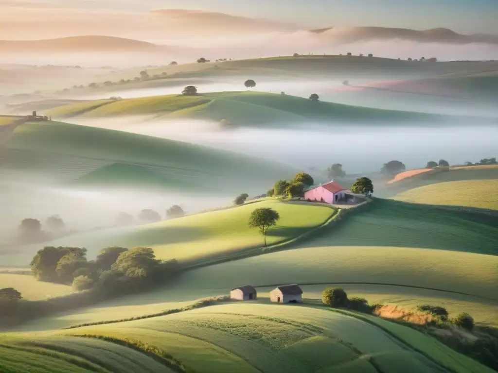 Escena rural en Uruguay al amanecer, con colinas verdes, granjas y ganado