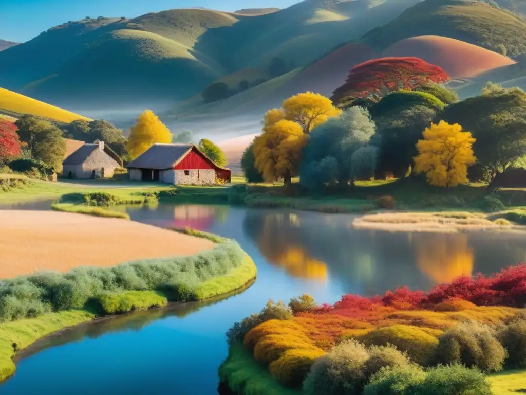 Escena rural pintoresca en Uruguay, adaptándonos al clima rural Uruguay con colores vibrantes de otoño y paisaje sereno