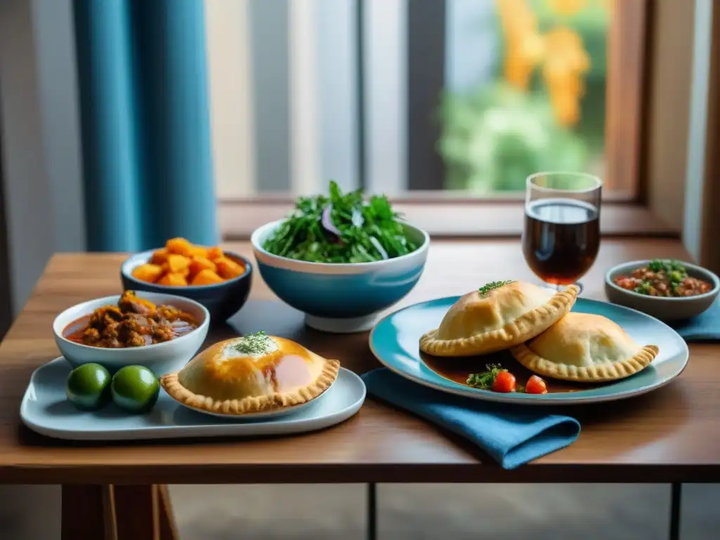 Una escena serena de alimentos uruguayos para calmar, incluyendo estofado, empanadas y ensalada sobre elegantes platos de cerámica