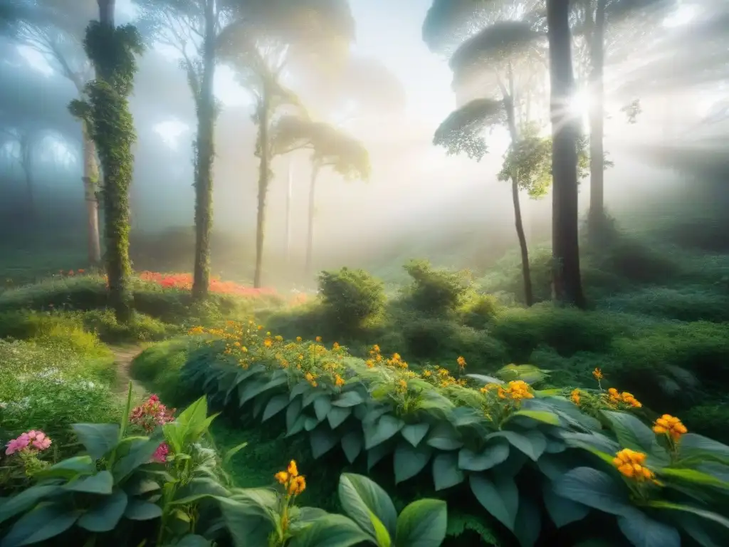 Escena serena de bosque verde en Uruguay, con flores coloridas, mariposas y aves