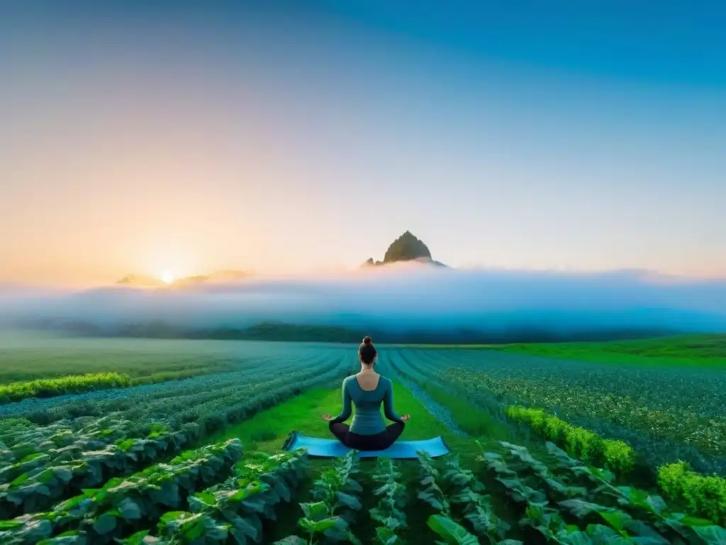 Una escena serena en un campo verde de Uruguay, con una persona meditando bajo el cielo azul