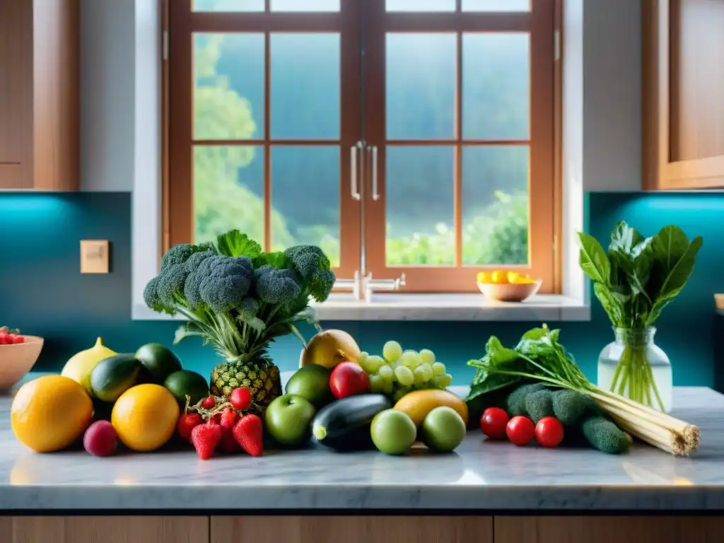 Escena serena de cocina con frutas y verduras coloridas en un elegante mostrador de mármol