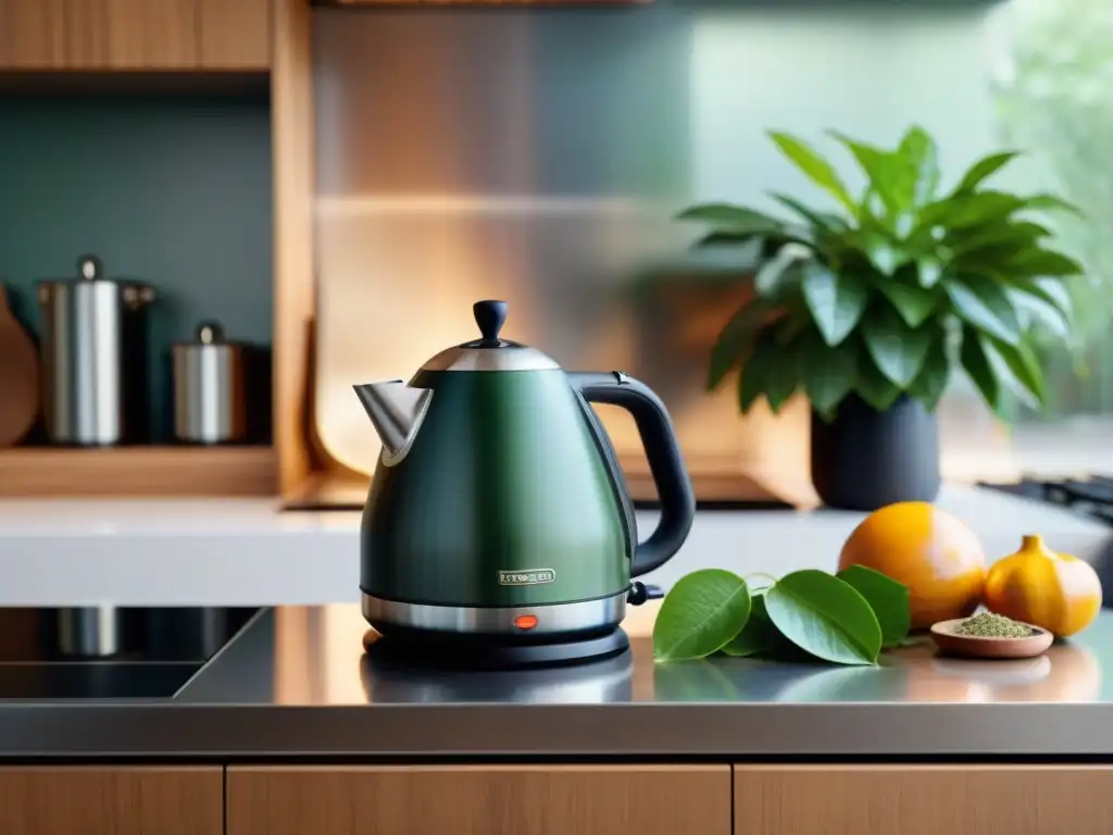 Escena serena de cocina con mate suelto y accesorios mate en moderno diseño