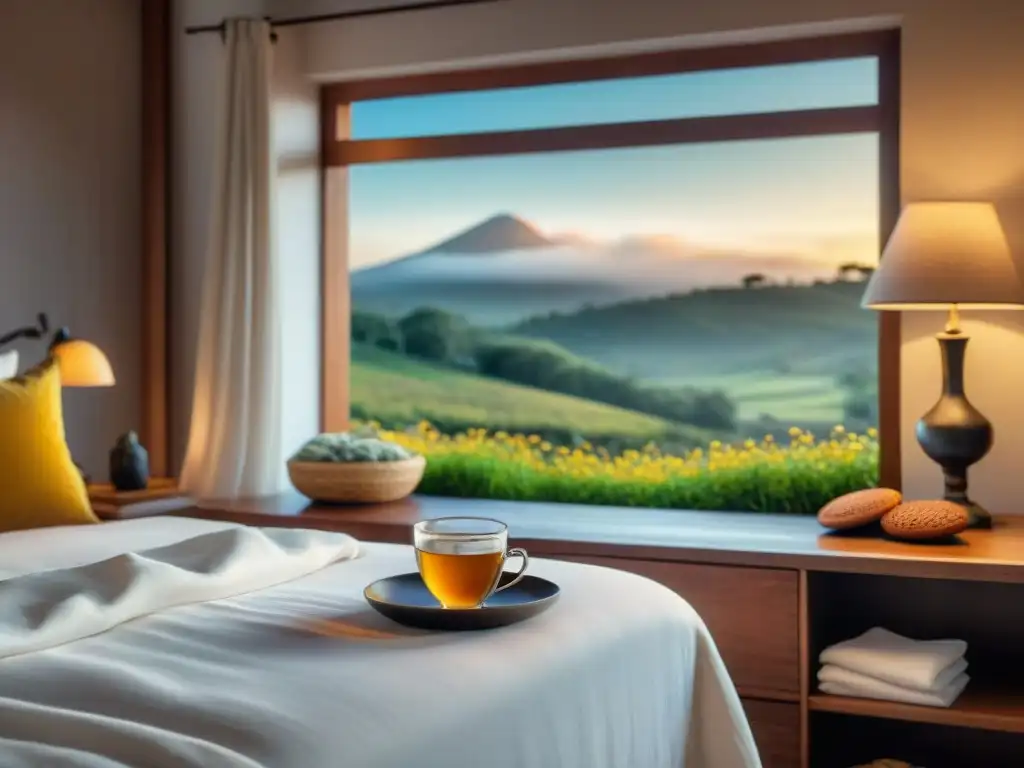 Escena serena en un dormitorio en Uruguay con cama acogedora, alfajores uruguayos y té de manzanilla, ventana con atardecer y paisaje verde