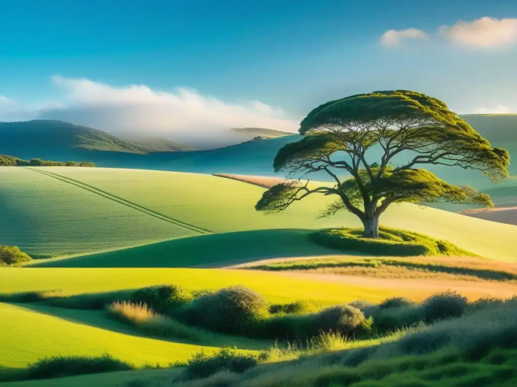 Escena serena de un extenso campo verde en Uruguay, bajo un cielo azul claro