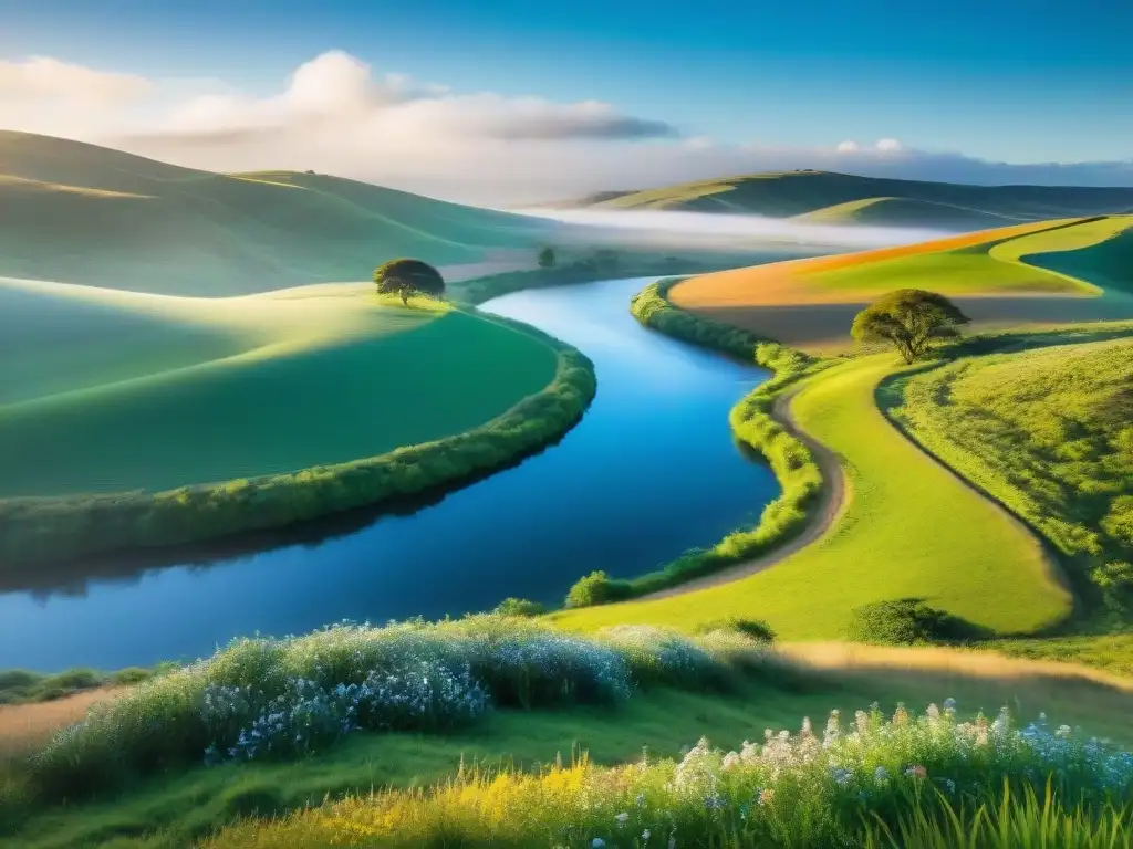 Escena serena de un paisaje verde en Uruguay con un río tranquilo, colinas y un cielo azul, transmitiendo calma y prevención del burnout en Uruguay