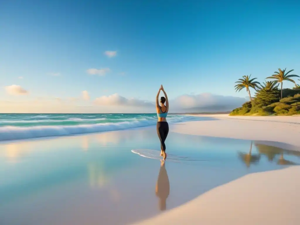 Una escena serena de Pilates en la costa uruguaya: persona practicando en la playa blanca con aguas turquesas