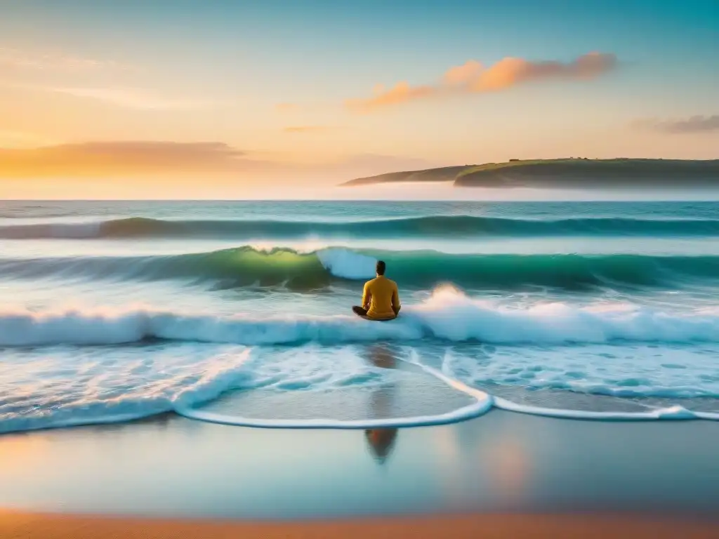 Escena serena en playa de Uruguay al atardecer con meditación Rioplatense en Uruguay