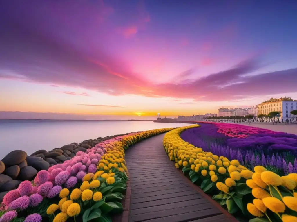 Escena serena al amanecer en la Rambla de Montevideo, Uruguay